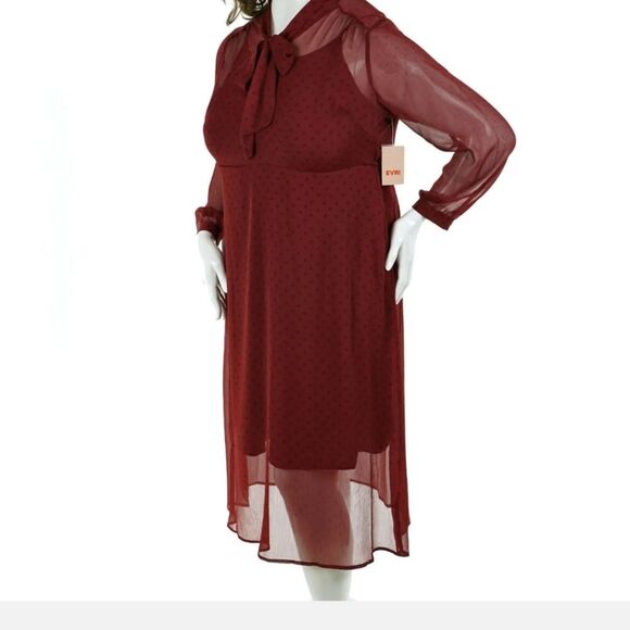 Evri Women's Plus 3X Burgundy Red Floral Print Sheer Tie Neck Midi Dress  NWT - Picture 8 of 9
